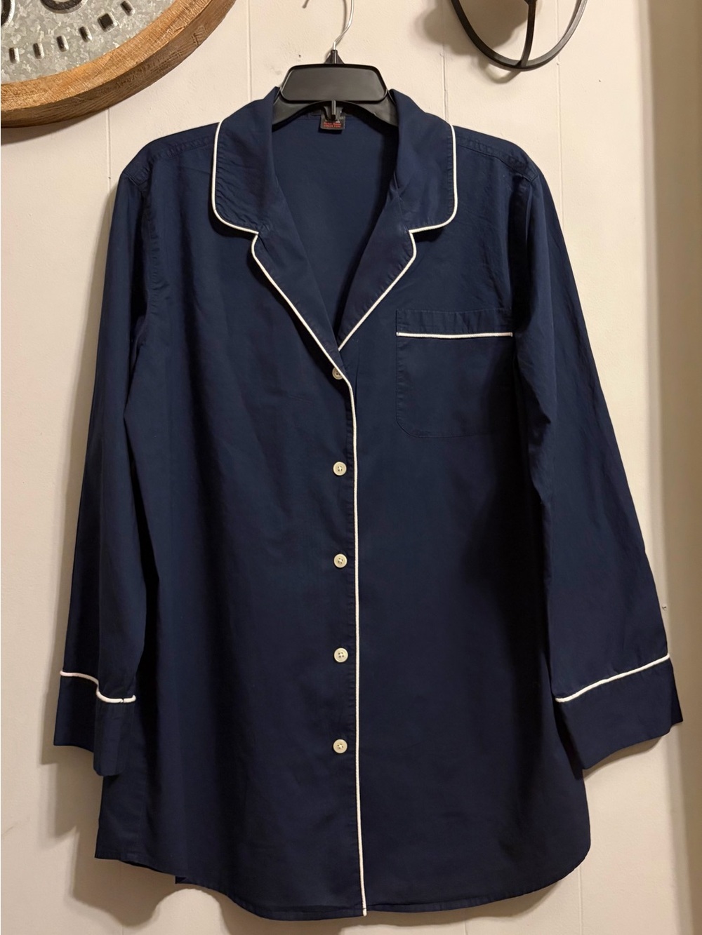 J. Crew Navy Button-Front Sleep Shirt with White Piping Hits Mid Thigh